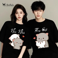 Couple shirt, unisex short-sleevedbag mochi cat rooftop, cute house pole Mr.Buffalo T76T77