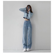 4uforyou high waistband female jeans with retro Blue Ribbed ribbed ribbed 4UForYou real pictures, fe
