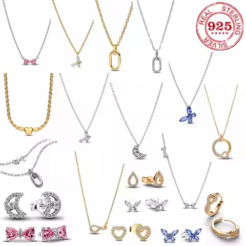 S925 Sterling Silver Butterfly Series Heart Moon Pink Bow Charm Earings Necklace For Women's Birthda