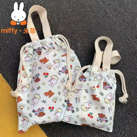 Miffy Drawstring Handbag Cartoon Printed Canvas Sack Portable Stylish Pouch for Student Commute Dail