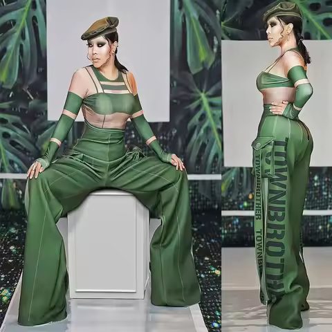 Army Green Long Sleeves Jumpsuits Wide Leg Letter Pants Fashion Show Stage Costume Drag Queen Rave O