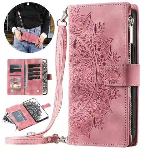 Wallet Case For Samsung A52S A73 A53 A13 4G 5G Luxury Zipper Crossbody Strap Case for Samsung Galaxy