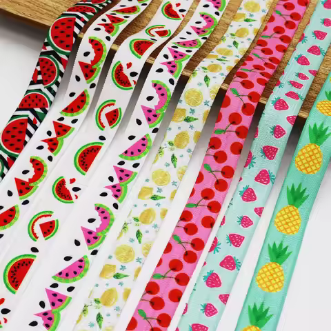 5/8" 15mm Lemon Pineapple Strawberry Cherry Watermelon Fruit Print FOE Spandex Fold Over Elastic For