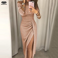 Sparkly Bodycon Slit Dress Off Shoulder Gown Shiny Sleeveless Bandage Dress Slit Dress Glamorous Seq