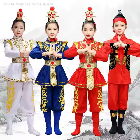 Kids Boys Girls Hua Mulan Cosplay Costumes Chinese Folk Yangko Dance Clothes Oriental Traditional Op