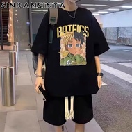 Sinransinya set short Sleeve T-shirt + waffle Printed Sports Shorts American Street retro Style For 