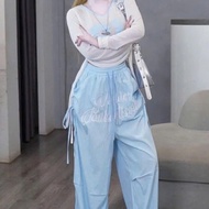 Women's set of loose pants, long-sleeved drawstring shirt set mixed with long straight pants 107(Z5)