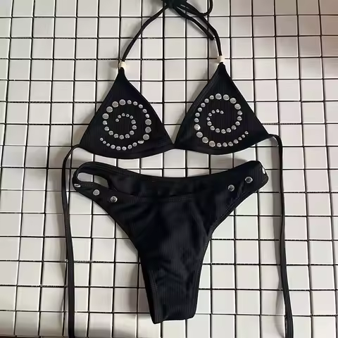 Summer Women Y2K Punk Beach Club Studded Spiral Ribbed Halter Triangle String Thong Two Piece Bikini