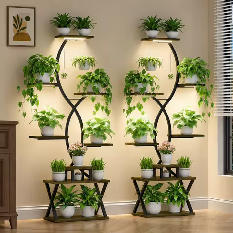 1PC 8-Tier S-Shaped Metal Plant Stand with Grow Lights, 62" Tall Indoor Plant Shelf, Space-Saving St