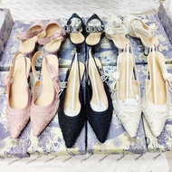 French Embroidered Letter Toe-Covered Sandals Women 2024 Dior Pointed Toe Bowknot Home Large Size Ba