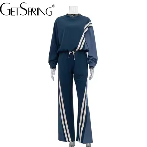 gestring Women Pant Sets 2024 New Striped Patchwork Full Sleeve Pullover Sweatshirt Drawstring Loose