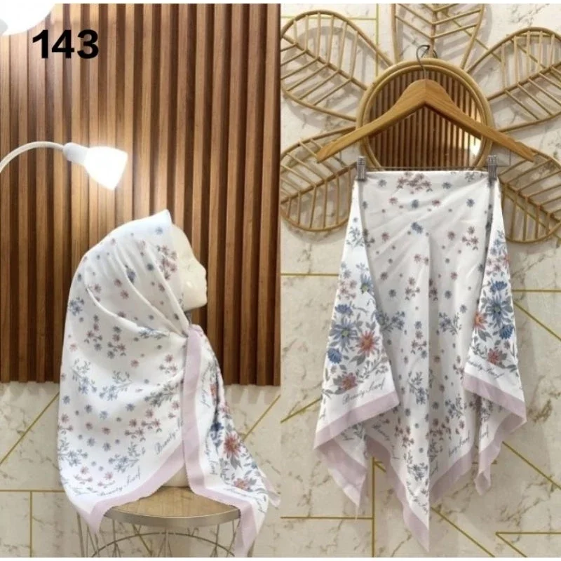 Hijab Segi Empat Voal Motif Bunga Sublime Warna Putih Jilbab Kerudung Terbaru