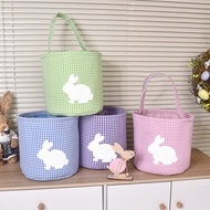 [WX] Bucket Bag Reusable Easter Bag Easter Bunny Basket Plaid Gingham Easter Bucket with Handle – Cu