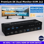 8K 60Hz Dual Monitor HDMI DP KVM Switch 2 in 2 out 4K 120Hz USB3.0 2x2 KVM Switch for 2 PC 2 Monitor