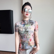 2026 Autumn/Winter Women's Floral Printed Double-Layer Net Yarn Top C4HE