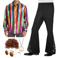 Men's 70s Disco Outfit Costume Set Retro Bell Bottom Shirts Wigs Necklace Sunglasses for Halloween C