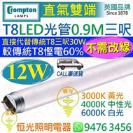 英國 Crompton 直氣雙端 T8 12W LED 光管 燈管 三呎 0.9M 3000K 黃光 4000K 中性光 6000K 白光 直接代替傳統T8 30W三呎管 較傳統T8慳電60% 實店經