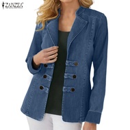 ZANZEA Women's Vintage Lapel Long Sleeve Double-Breasted Solid Blazer