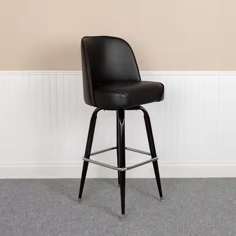 EMMA + OLIVER 2 Pack Metal Barstool with Swivel Black Vinyl Upholstered Bucket Seat and Footrest, Cu