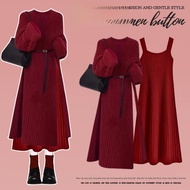 Bộ Váy Dệt Kim Dài Màu Đỏ Noel Thanh Lịch Cho Nữ Mùa Xuân Thu Cỡ Lớn Phong Cách Nhỏ Hương Thơm