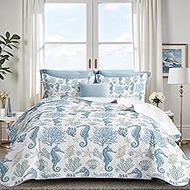 Coastal Bedding Twin Size Coastal Quilt with Shams, Nautical Beach Comforter Sets Ocean Bedspreads B