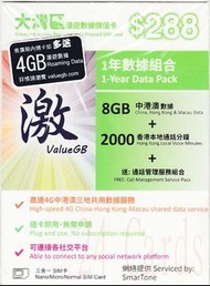 {荃灣24Cards} ValueGB 激 SMARTONE 大灣區 365日年卡 12GB 中港澳 上網數據卡 + 2000 本地通話分鐘 4G LTE 本地數據儲值卡 售125包郵