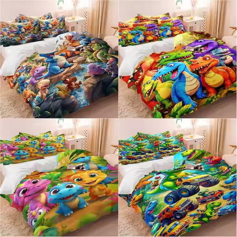 Cartoon Dinosaur Duvet Cover Set(1 Duvet Cover & 1/2 Pillowcase) Kids Aesthetic Bedding Set Soft Mic