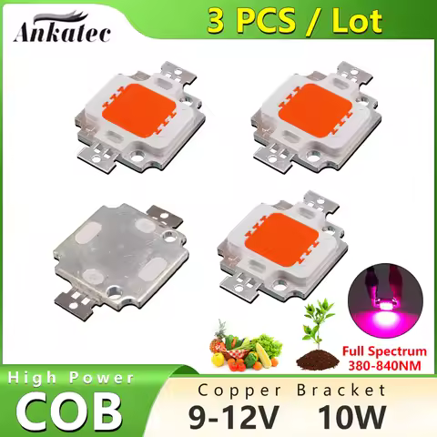 3 pcs/lot Full Spectrum 380-840nm LED COB Chip Lamp Beads 10W High Power 9-12V Copper Bracket for Gr