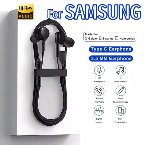 Original Type C Wired Headphones For Samsung Galaxy S25 S24 S23 S22 S21 S20 Ultra 3.5mm AUX Earbuds