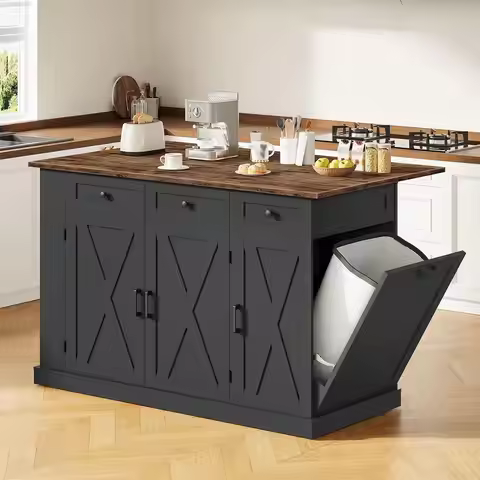 51.2 Adjustable Kitchen Island Table, Storage Cart with Foldable Top, Trash Bin, 2 Drawers, Spice Ra
