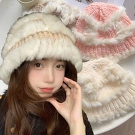 Korean Imitation Rabbit Hair Knitted Bucket Hat - Women Fluffy Fur Crochet Bucket Hats - Windproof W