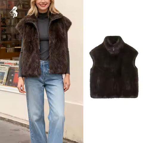 Womens Vest Jacket Stand Collar Sleeveless Zipper Faux Fur Fashionable And Versatile Vest Winter Ess