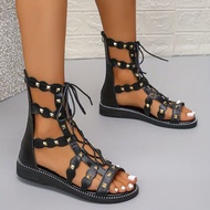 Roman Gladiator Bandage Mid Calf Flats Sandalias Botas Shoes Hollow Ladies Sandals Boot