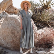 Solid Color Long Dress Elegant Women Summer Cover-Ups Vacation Beach Sun Protection Lace Up Buttons