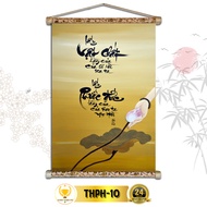 Tranh Thư Pháp Vật Chất Phước Đức Treo Tường CHÂN THIỆN MỸ Chất Liệu Vải Lụa Kim Sa Khung Gỗ 40x60cm