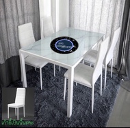 ชุดโต๊ะกินข้าว4ที่นั่ง ขนาดโต๊ะ : W120 x D70 x H75 cm เก้าอี้ : เก้าอี้ขาสีเทา เบาะหุ้มหนังพีวีซีสีดำ และสีขาว