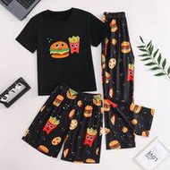 3pcs Boys' Casual Minimalist Pajama Set, Including 1 Black Round Neck Short Sleeve Shirt (Printed Wi