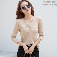 Phụ nữ dài tay áo Áo Phông Cổ Chữ V sườn vải tee màu trơn đáy Áo sơ mi