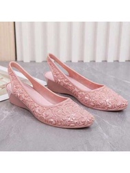 女士單鞋粉色花朵厚底防滑時尚尖頭EVA材質集體圓頭增高婚禮風格楔形高跟鞋
