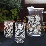 早期進口冷水杯壺－梅花草、石竹與小雛菊 (餐具/老件/舊物/玻璃)