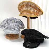Diamond-encrusted Navy Hat Punk Style Beret y2k Women's Hat Autumn Winter Atmosphere Sailor Hat silv