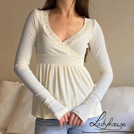 LDD-Womens Elegant Cream Ribbed Long-Sleeve Top with Lace V-Neck and Empire Waist
