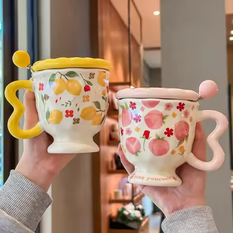 Hand-Pinched Ceramic Mug with Lid & Spoon Cute Lemon Peach Fruit Under Glazed Painted Coffee Milk Cu