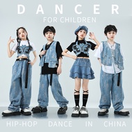 Ready Stock 3-14 Years Old Children Street Dance Costumes Boys Girls Denim Suits Jazz Dance hiphop S