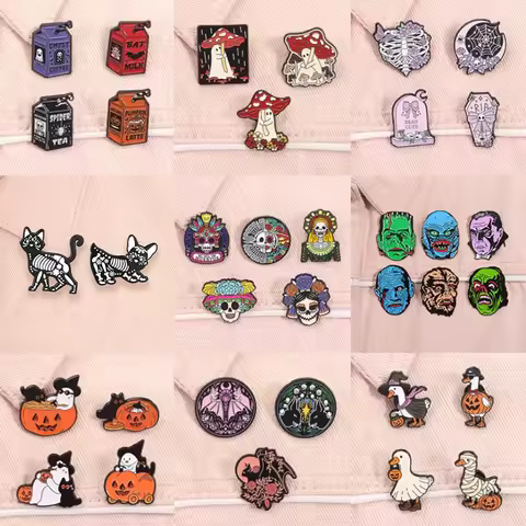 2-6pcs/set Halloween Horror Movies Enamel Pins Skeleton Ghost Bride Killer Monster Spooky Animal Bro
