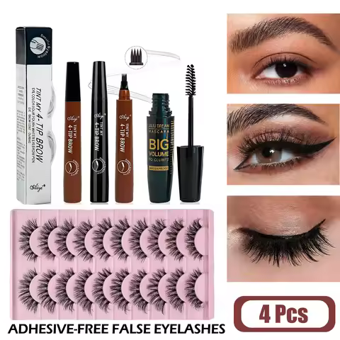 4 Pcs Eyes Set Four-Pronged Eyebrow Pencil+4D Black Mascara+3D Natural Eyelashes Long-Lasting Water-