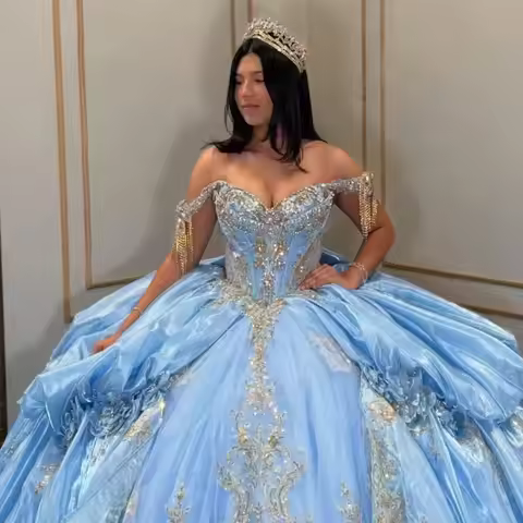 Customized Vestidos De 15 Años Quinceanera Dresses Sky Blue Beaded Lace Appliqued Golden Women Birth