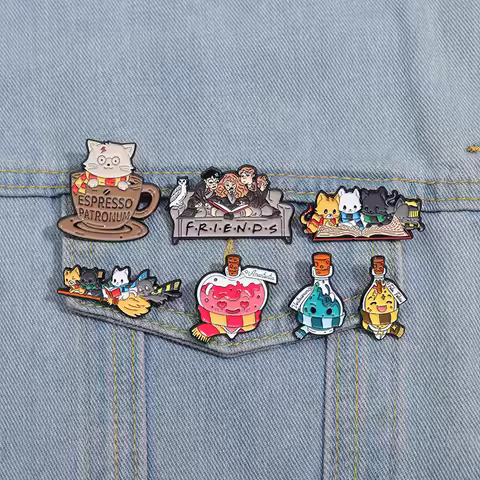 Cute Cup Book Cat Enamel Pins Magic Potion Animal Brooch for Backpack Bag Clothing Accessories Gifts