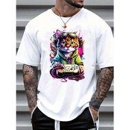 Men's Casual Gamer Tee - Vibrant Orange Cat DJ Print Short Sleeve Polyester Blend Round Neck Hine Wa