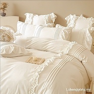【In Stock】Plain 4 IN 1 Bedding Set With Flounces Single Queen King Size White Color Japanese Style D